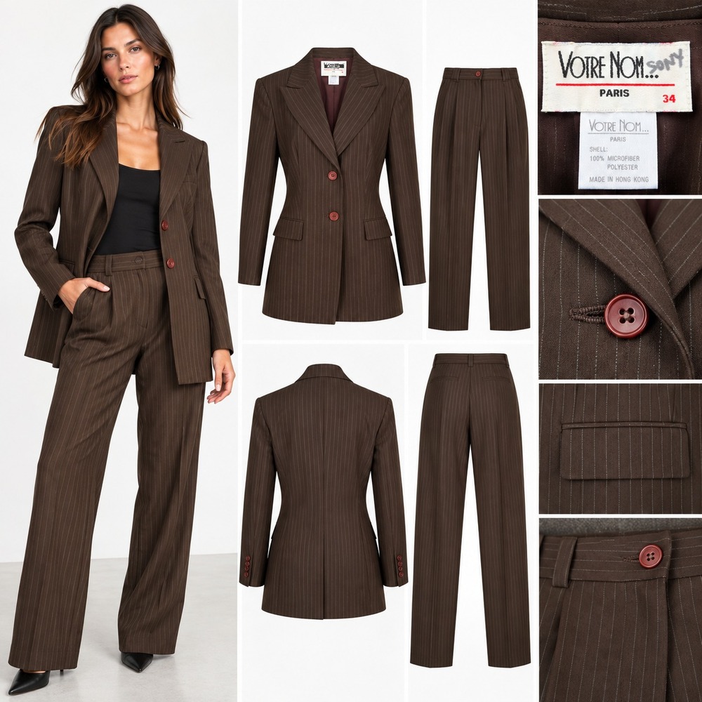 Votre Nom Paris 2-Piece Suit Women Blazer 1 Pants 34 Brown Pinstripe Longline